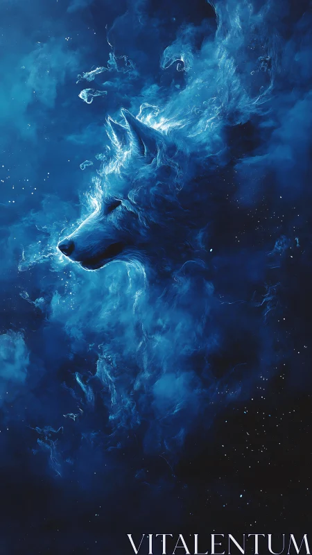Nebular wolf silhouette materializes from ionized blue stardust