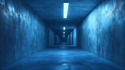 Long blue corridor extends into distance under strip lights.