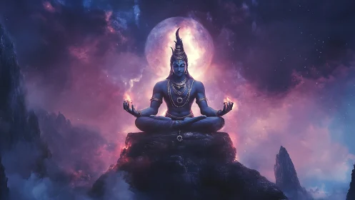 Meditating blue deity on mountain peak under glowing moon.