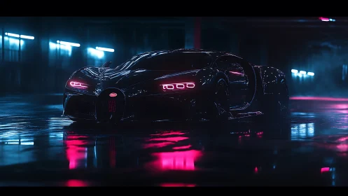 Neon-lit supercar rests in a moody underground city garage