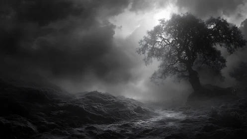 High-contrast monochrome landscape isolates lone windswept tree