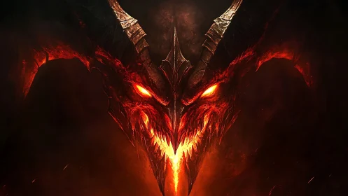 Infernal horned demon portrait burns through darkness