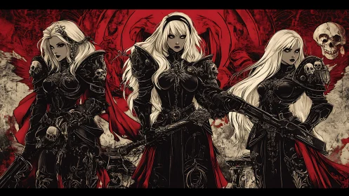 Gothic warrior sisters in skull armor with guns poised.