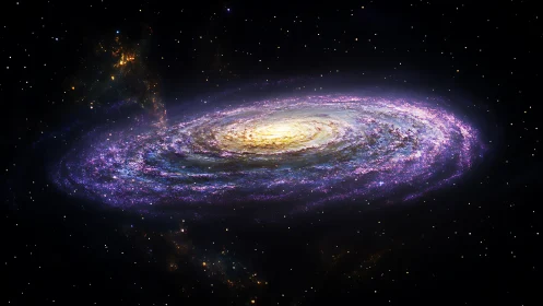 Spiral galaxy rendering with central bulge and star field.