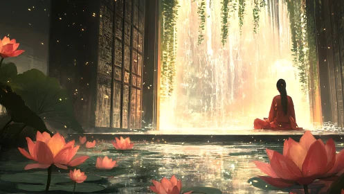 Meditative figure before luminous waterfall and lotus pool.