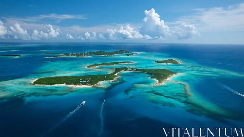 Aerial view of tropical island archipelago with turquoise waters.