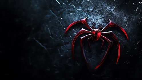 Red metallic spider emblem on cracked obsidian surface.