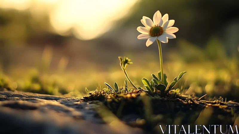 Daisy stands alone in warm golden hour meadow light.