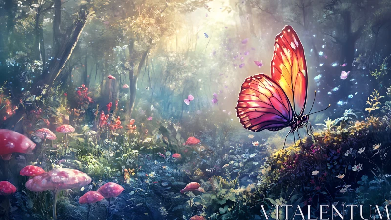 Radiant butterfly pauses in an enchanted, glowing forest glade