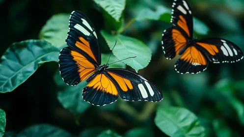 Two orange black butterflies rest on lush green foliage