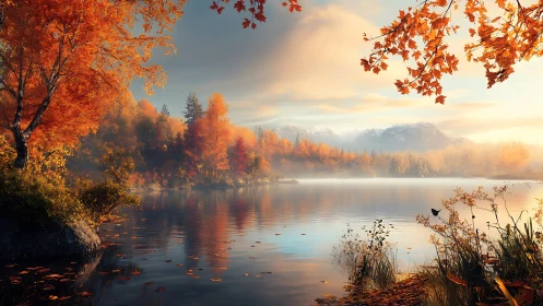 Autumn lake basin under soft volumetric light and distant snowy peaks