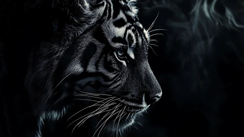 Tiger profile rendered in high contrast monochrome light