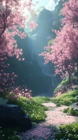 Cherry blossom valley path with distant waterfall view.