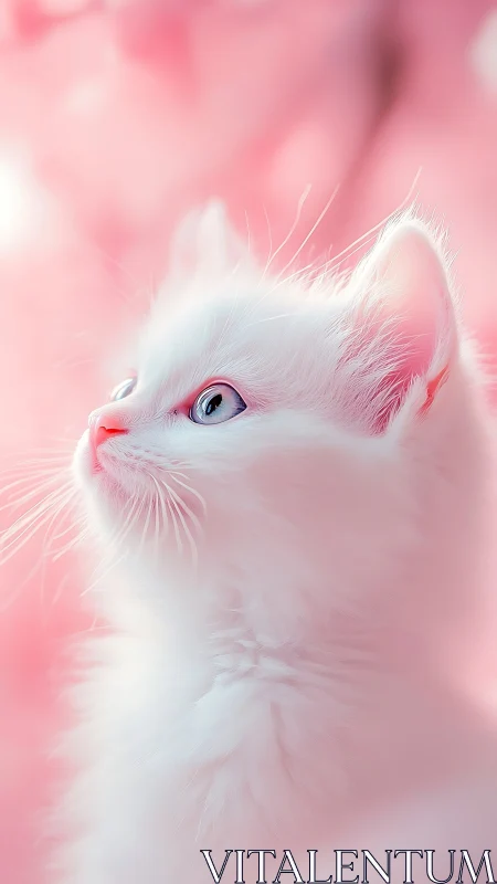 White Cat with Blue Eyes Against Pink Gradient.