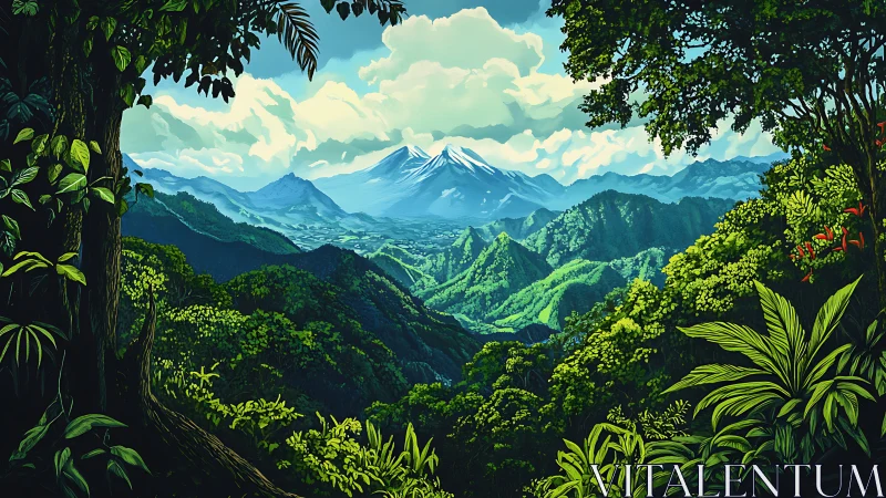 Layered Mountain Landscape with Volanic Peak in Digital Painterly Composition