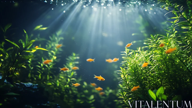 Sunlit goldfish drifting through a quiet underwater garden.