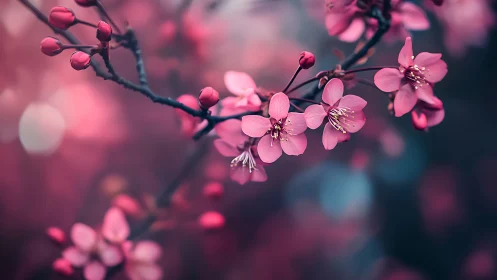 Pink Cherry Blossoms on Branch with Bokeh Background