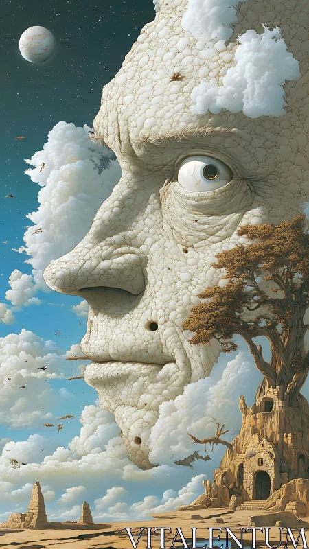 Stone cloud face formation dominates an arid fantasy landscape