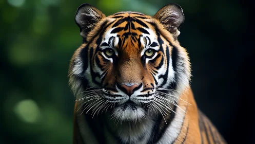 Symmetric frontal portrait of Bengal tiger in soft forest bokeh