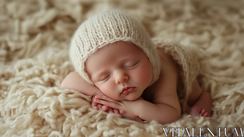 Sleeping Newborn in Cream Knit Hat on Textured Fabric Surface
