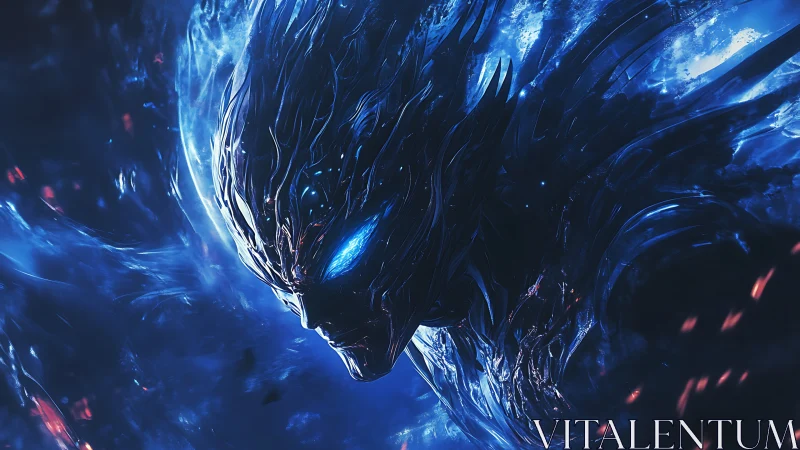 Alien energy entity with glowing blue eyes in the void.