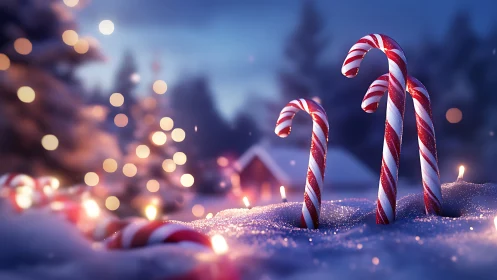 Macro winter scene with striped candy canes in glowing snow field
