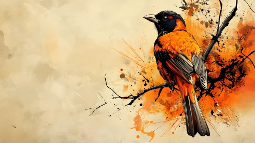 Ink-splashed songbird perches inside an orange explosion of light