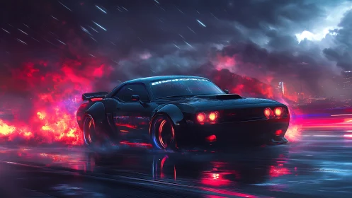 Night street racer glowing through neon storm clouds.