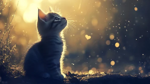 Whimsical Kitten Gazes Upward Into Golden Stardust Dreams.