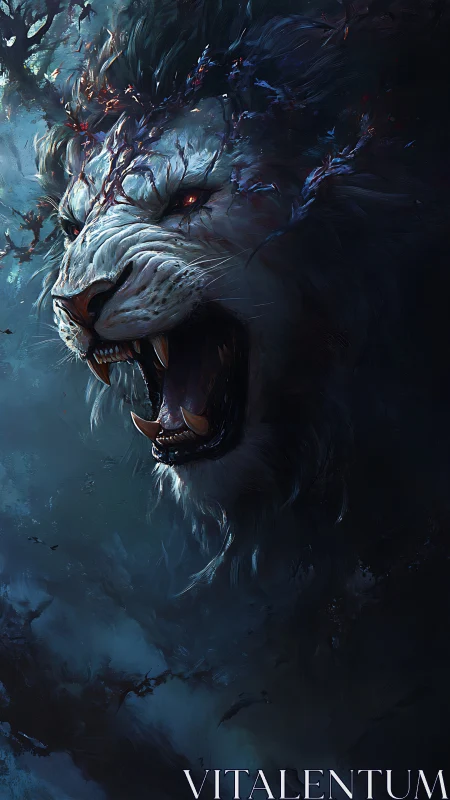 Roaring spectral lion with branching horns in darkness.