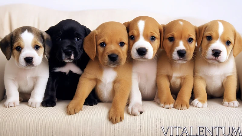 Snuggly row of puppies brightens a cozy cream sofa