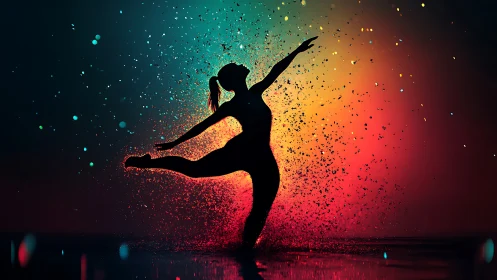 Joyful dancer silhouette leaping through glowing color spray.