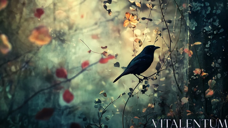 Blue bird perches among autumn flowers and falling leaves.