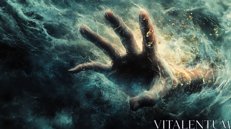 Drowning hand claws through storm-tossed teal abyss of water.