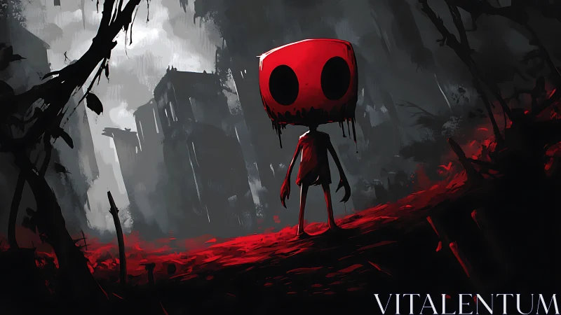 Red-headed shadow figure stands in stylized post-apocalypse