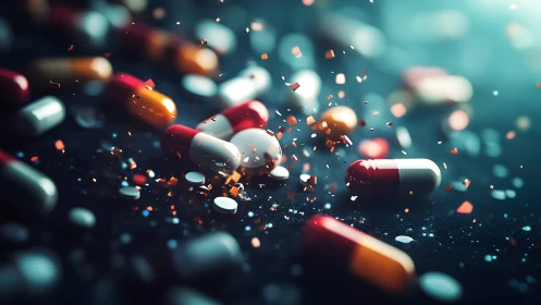 Colorful Capsules and Tablets in Dynamic Abstract Medical Scene.
