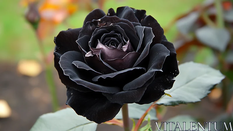 Dramatic black rose bloom with velvety petals in soft focus garden