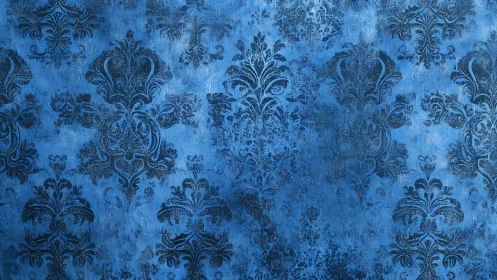Ornamental damask pattern on textured blue surface background.
