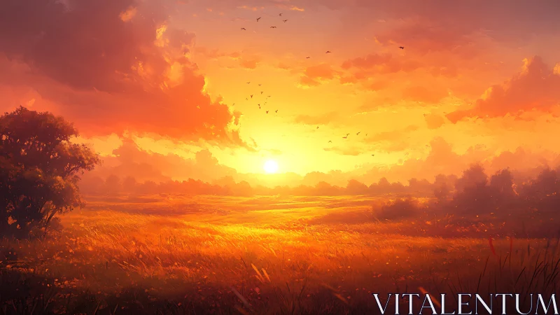 Digital landscape depicts sunset over distant open grassland
