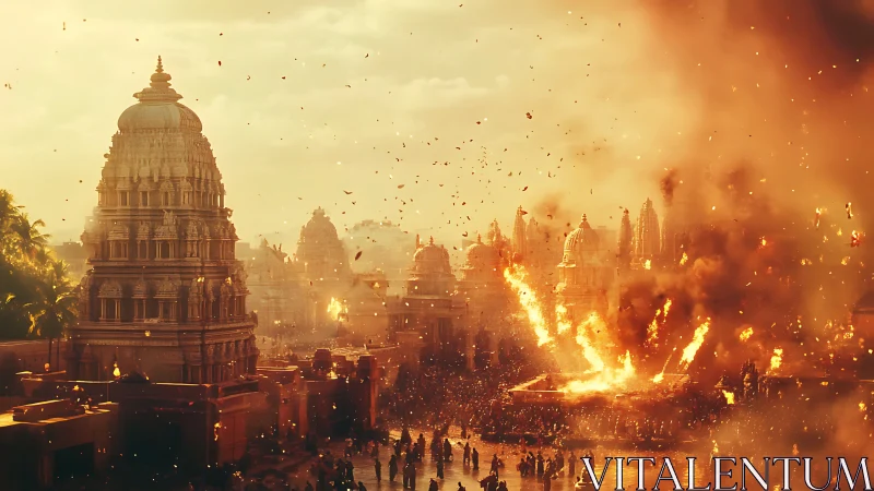 Ancient temple city under widespread fire and explosions.