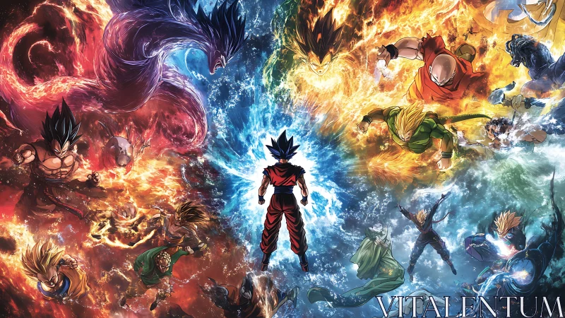 Clashing elemental warriors encircle central anime fighter.