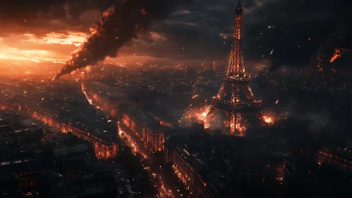 Eiffel Tower burns over Paris under apocalyptic storm sky.