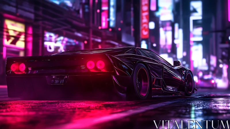 Neon drenched retro supercar in wet cyberpunk night cityscape