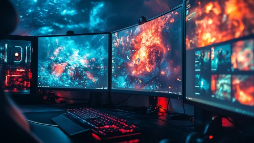 Triple-screen gaming setup glows with fiery sci-fi worlds