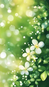 White blossoms bloom amid green foliage bokeh.