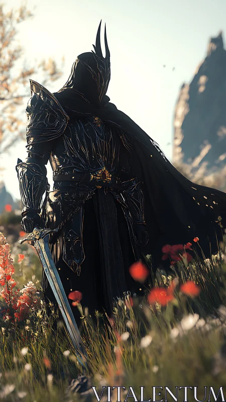 Obsidian warlord in engraved plate armor surveying sunlit field.