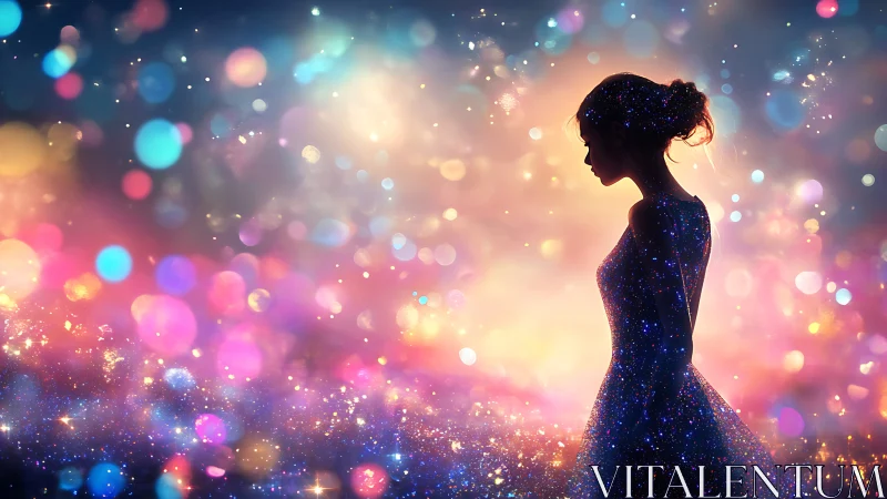 Silhouetted woman in glittering dress amid soft bokeh lights.