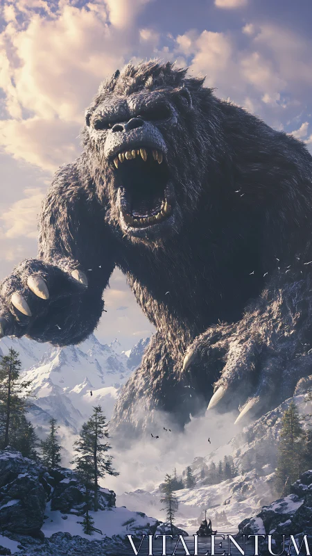 Colossal ice-clad gorilla storms misty alpine canyon.