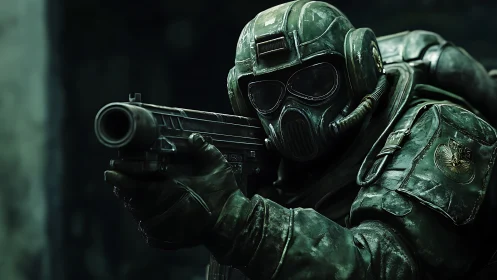 Armored sci fi soldier aims rifle in tense urban standoff.