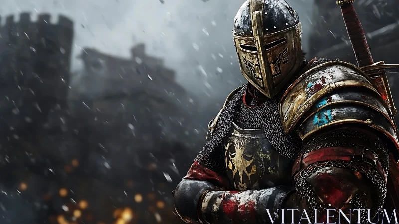 Heavily armored medieval knight stands in snow before fortress